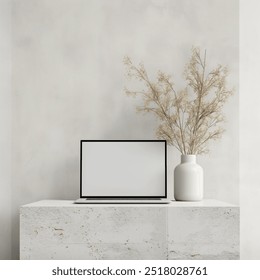 A modern laptop is displayed in a minimalistic setting, placed on a clean, uncluttered surface - Powered by Shutterstock