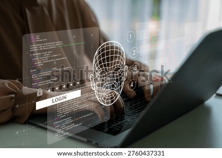 A modern laptop showcasing a digital authentication interface featuring facial recognition technology, highlighting the login process in a contemporary workspace setting. Ledger