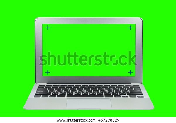 緑の画面の背景に現代のノートパソコン の写真素材 今すぐ編集