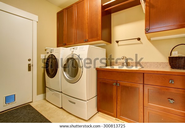 Modern Laundry Room Tile Floor Washer Stock Photo Edit Now