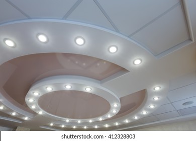 Modern Layered Ceiling With Embedded Lights And Stretched Ceiling Inlay, Light Turned On