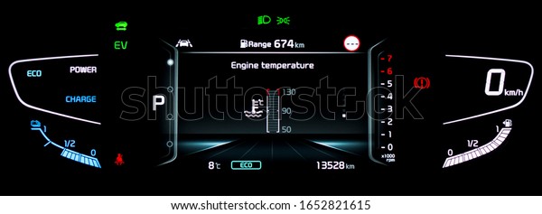 Modern LCD instrument cluster with fully digital\
engine temperature gauge in center. Illuminated car dashboard panel\
with speedometer, tachometer, fuel gauge, gear position indicator\
in hybrid vehicle