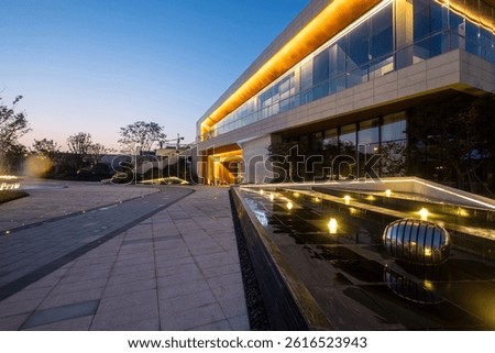  Modern LED strip lighting embedded in stone pavement at night