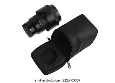 Modern lens with a focal length of 50 mm and aperture f 1.4 isolate on a white background.
