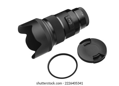 Modern lens with a focal length of 50 mm and aperture f 1.4 isolate on a white background.