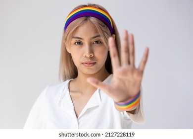 Modern LGBT Woman Showing Stop Hand Gesture, Concept Of Non-binary People Acceptance, Stop LGBT Hate And Misunderstandiing, Rejecting Discrimination Against LGBT People Or Inclusivity And Diversity