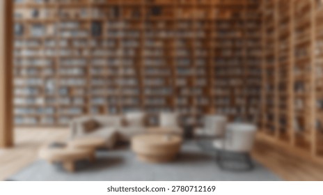 A modern library interior features extensive wooden bookshelves filled with books and a cozy seating area with sofas and round coffee tables.