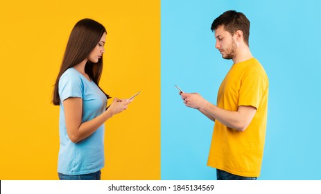 Modern Lifestyle And Communication Concept. Side View Portrait Of Man And Woman Chatting On Cell Phone, Isolated Over Blue And Yellow Studio Background. Serious Couple Texting Sms In Social Media