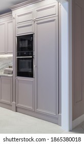 Modern Light Classical Kitchen Interior With Combination Oven, Microwave And Fridge