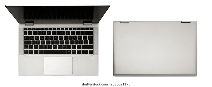 Modern light gray laptop with sleek design, isolated on white background. Top view. Cut out computer, notebook with black, blank display and closed. Technology, work from home theme, office equipment. - Powered by Shutterstock