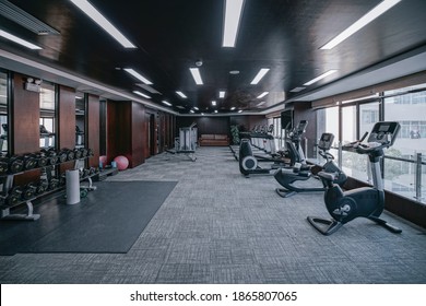 Modern light gym. Sports equipment in gym. Barbells of different weight on rack. - Powered by Shutterstock