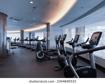 Modern light gym. Sports equipment in gym. Barbells of different weight on rack. - Powered by Shutterstock