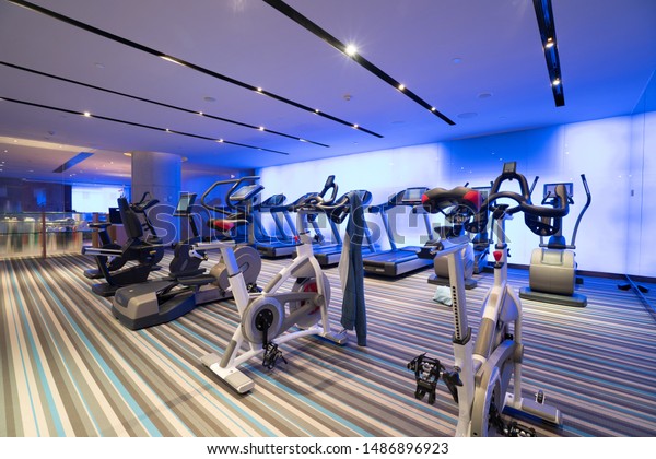 Modern light gym. Sports equipment in gym. Barbells\
of different weight on\
rack.