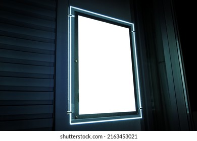 Modern Lighting Signage Frame In Window Street Shop Night Blank Mockup Template Blurred Soft Focus