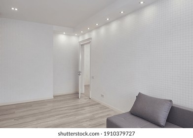 Modern Living Room With Big Empty White Wall And Gray Sofa, No People