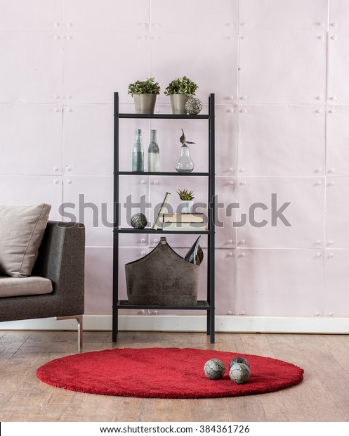 Modern Living Room Bookshelf Behind Stone Interiors Stock Image