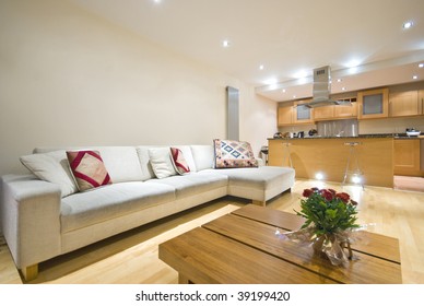 Modern Living Room At Christmas Time With Large Sofa, Television, Modern Kitchen And Christmas Rose