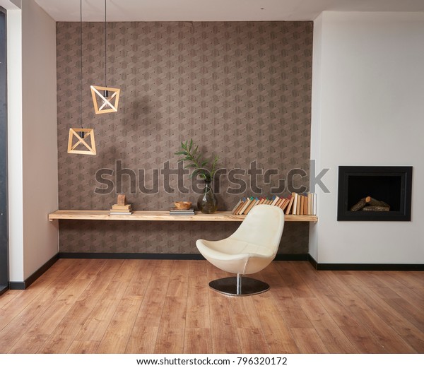 壁紙と背景スタイルの茶色の飾り付けの暖炉と家の物体を持つ現代の居間の装飾 の写真素材 今すぐ編集