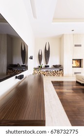 Modern Living Room With Fireplace And Huge Tv Screen