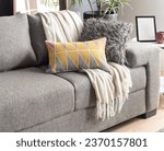 Modern Living Room with Grey Fabric Loveseat Couch Sofa and Decorative Pillows, Interior Design Concept, Close-Up.