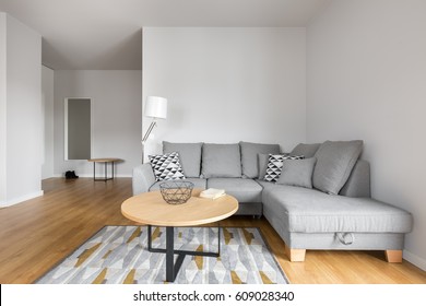 Modern Living Room With Grey Sofa With Decorative Pillows And Small Round Table