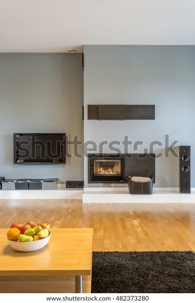 Modern Living Room Grey Tv Fireplace Stock Photo Edit Now 482373280