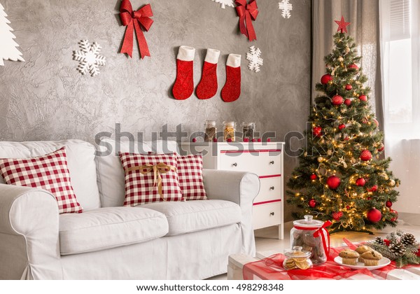 Modern Living Room Grey White Christmas Stock Photo (Edit Now) 498298348