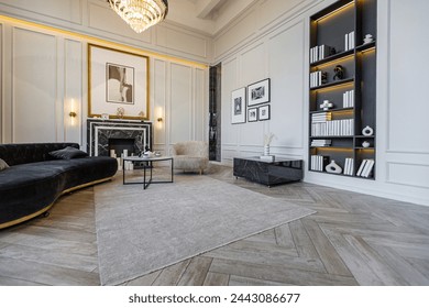 modern living room in a historical style with a marble fireplace in a chic expensive bright interior of a huge apartment without people daytime - Powered by Shutterstock