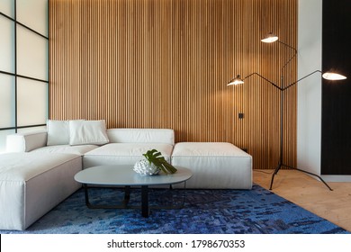 Modernes Wohnzimmer im Haus mit zeitgemäßem Interieur, komfortables Sofa, Teppichboden, Lampenlampe, Einrichtung auf Tisch und Holztafel auf Kopienraum-Hintergrund