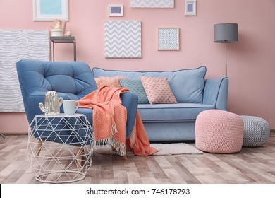 Modern Living Room Interior With Blue Armchair