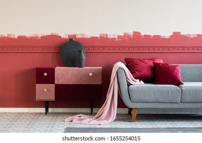 Modern Living Room Interior With Burgundy And White Ombre Wall