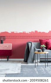 Modern Living Room Interior With Burgundy And White Ombre Wall