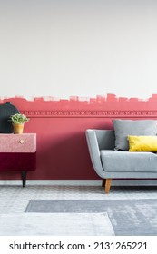 Modern Living Room Interior With Burgundy And White Ombre Wall