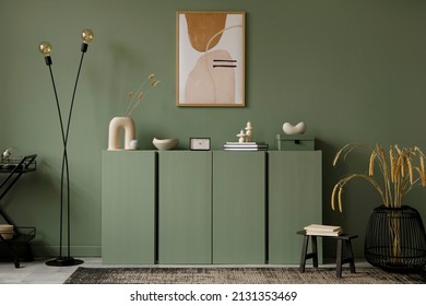 Modern Living Room Interior Composition With Mockup Poster Frame, Sage Green Wooden Commode And Modern Home Accessories. Eucalyptus Wall. Home Staging. Template. Copy Space.
