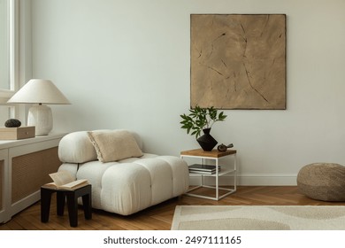 A modern living room interior featuring cozy, plush white sofas a wooden side table with decorative items, and minimalist decor. Home decor. Template.