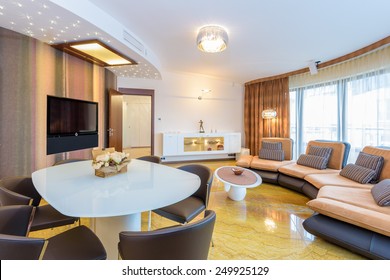 Modern Living Room Interior With Marble Floor In Luxury Apartment, Krakow City, Poland