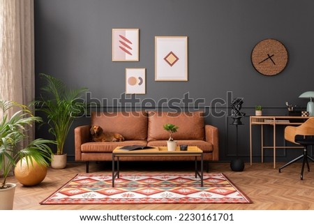 Modern living room interior with mock up poster frame, brown sofa, wooden coffee table, patterned rug,  round clock, plants, beige ccurtain, desk and personal accessories. Home decor. Template.