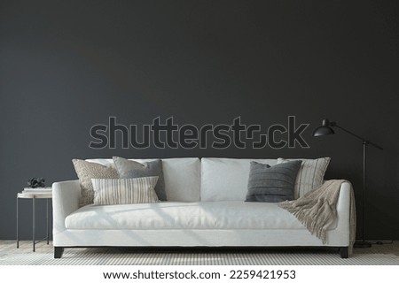 Modern living room interior. Interior mockup. The white couch near empty dark wall. 3d render.