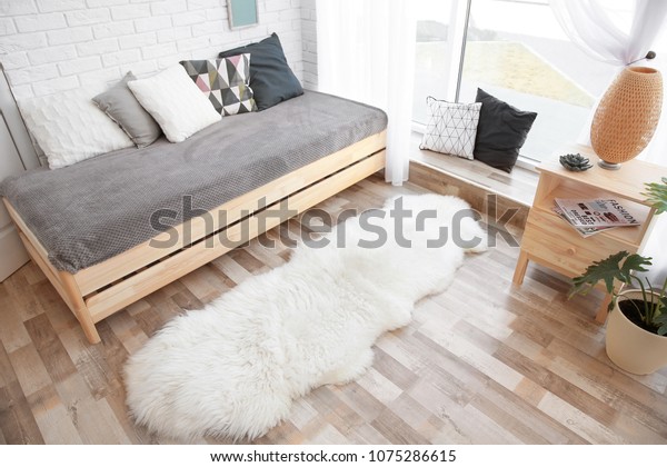 Modern Living Room Interior Wooden Furniture Stock Photo