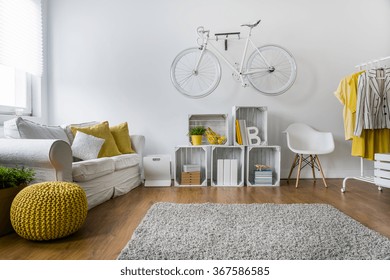 Modern Living Room With Sofa, Carpet, Wood Panels And Bike Hanging On Wall