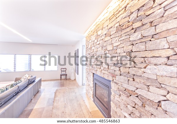 Modern Living Room Stone Wall Fireplace Buildings Landmarks
