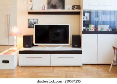 Modern Living Room - TV And Speakers - Ambient Light, Enhanced Colors