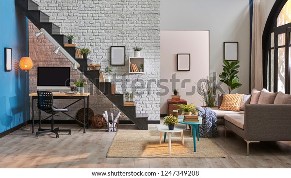 Modern Living Room White Brick Wall Stock Photo Edit Now 1247349208