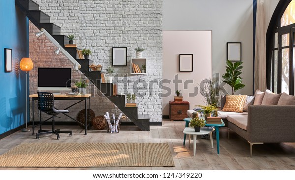 Modern Living Room White Brick Wall Stock Photo Edit Now 1247349220