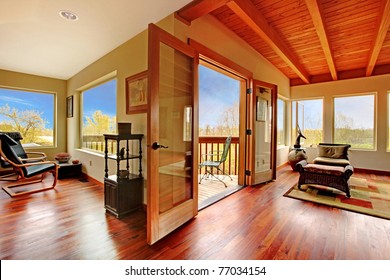 Modern Living Room With Wood Ceiling And Floor. Custom Build Unique Home In Seattle. Spring Time.