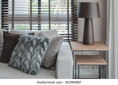 Modern Living Room With Wooden Lamp On Wooden Table Side