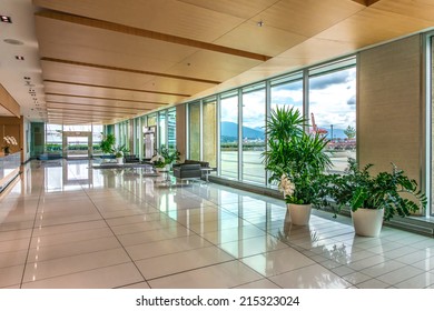 Modern Lobby, Hallway, Plaza Of The Five Stars Luxury Hotel, Shopping Mall, Business Center In Vancouver, Canada. Interior Design. Vertical.