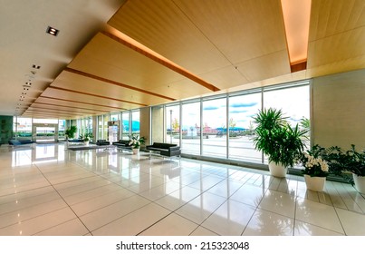 Modern Lobby, Hallway, Plaza Of The Five Stars Luxury Hotel, Shopping Mall, Business Center In Vancouver, Canada. Interior Design.