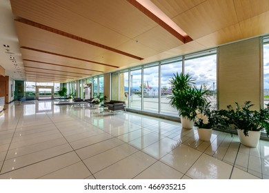 Modern Lobby, Hallway, Plaza Of The Five Stars Luxury Hotel, Shopping Mall, Business Center In Vancouver, Canada. Interior Design.