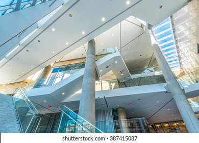 Modern Lobby, Hallway, Plaza Of The Luxury Building Center, Hotel, Shopping Mall, Business Center In Vancouver, Canada. Interior Design.